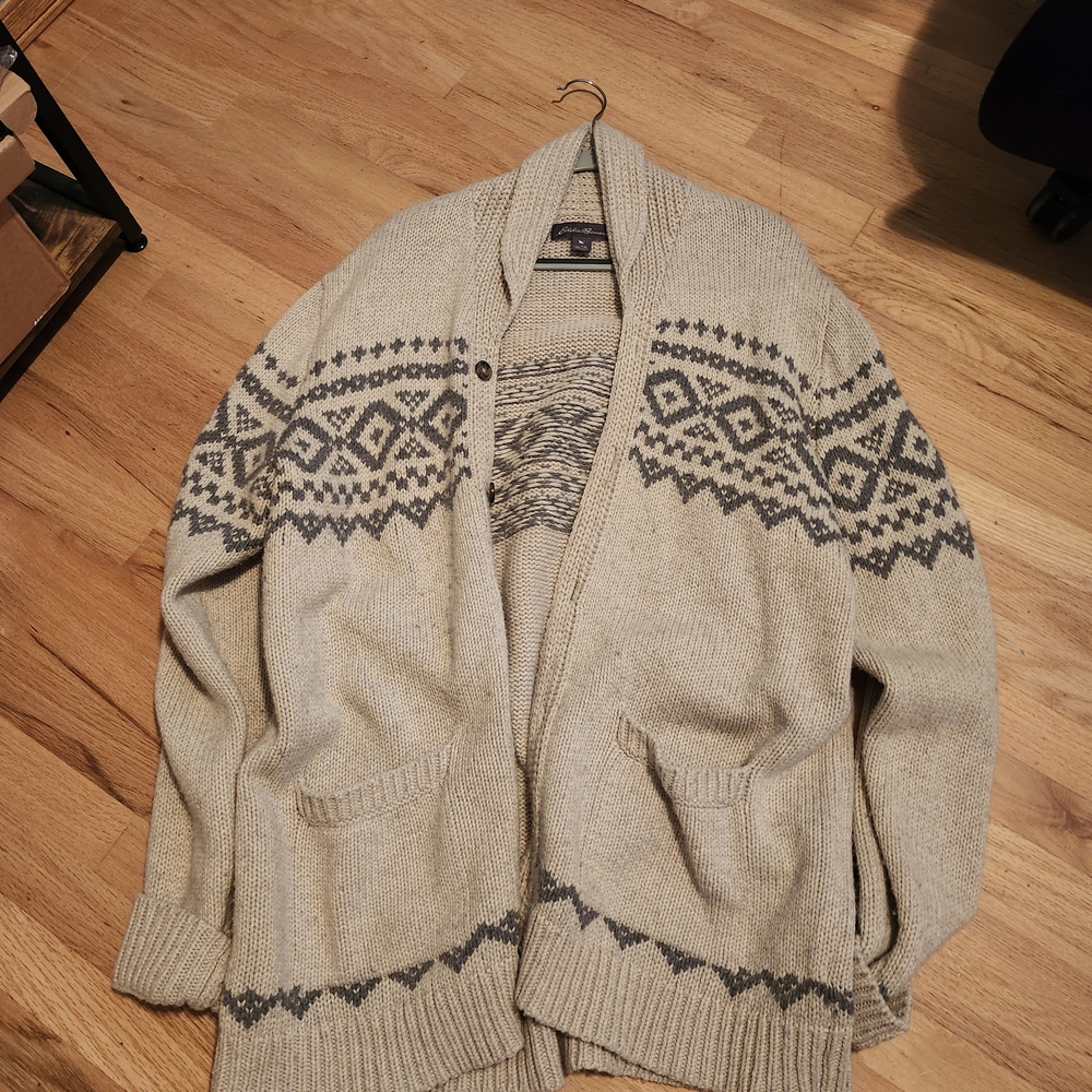 Eddie Bauer Beige Shawl Collar Cardigan with Gray Fair Isle